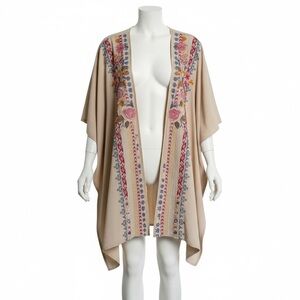 Andree by Unit Tan Floral Embroidered Open Kimono Size S Boho Hippie Festival